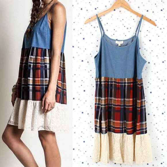 Umgee Tiered Dress Denim Plaid Lace Dark Denim - Picture 1 of 8